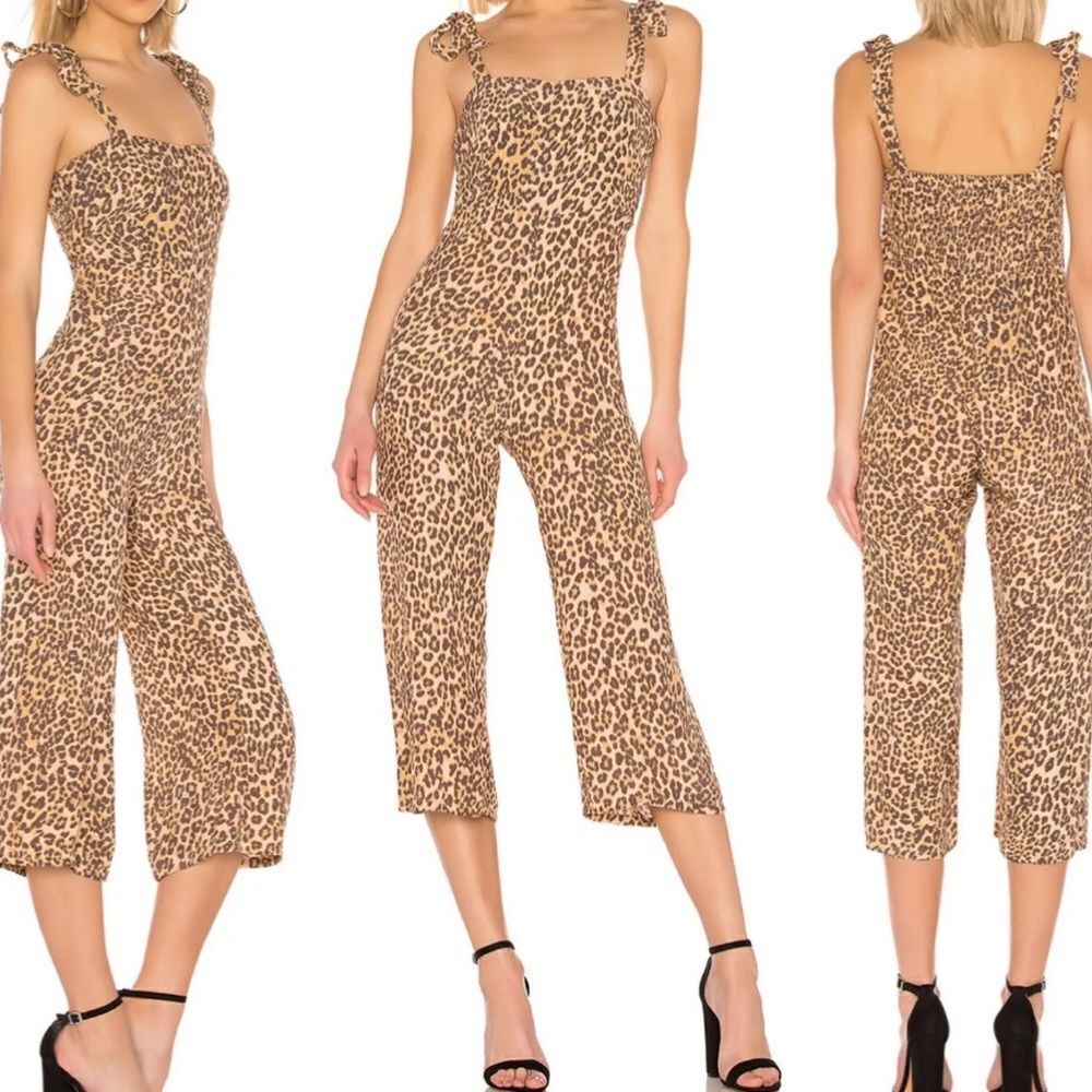 FAITHFULL THE BRAND Elsa Jumpsuit Crepe Leopard Animal Print Tie Shoulder